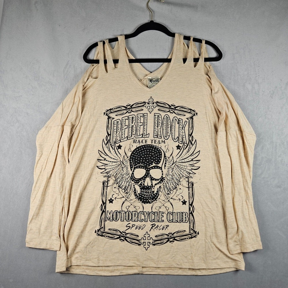 Vocal Graphic Top Womens Large Beige Rebel Rock Motorcycle Club Cold Shoulder